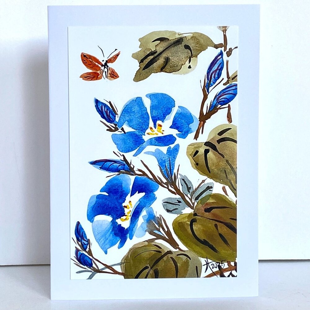 Blue Flowers Butterfly Art Print 5x7in Blank Greeting Card Envelope All Occasion